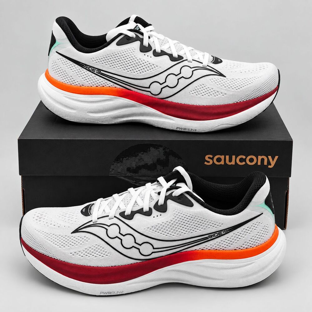 Saucony Ride 19 Mens 11 White Crimson PWRRUN+ Neutral Road Running Mesh Sneakers